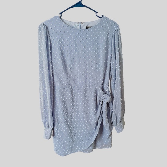 Lulus Light Blue Swiss Dot Long Sleeve Tie-Front Mini Dress size M - Picture 2 of 9